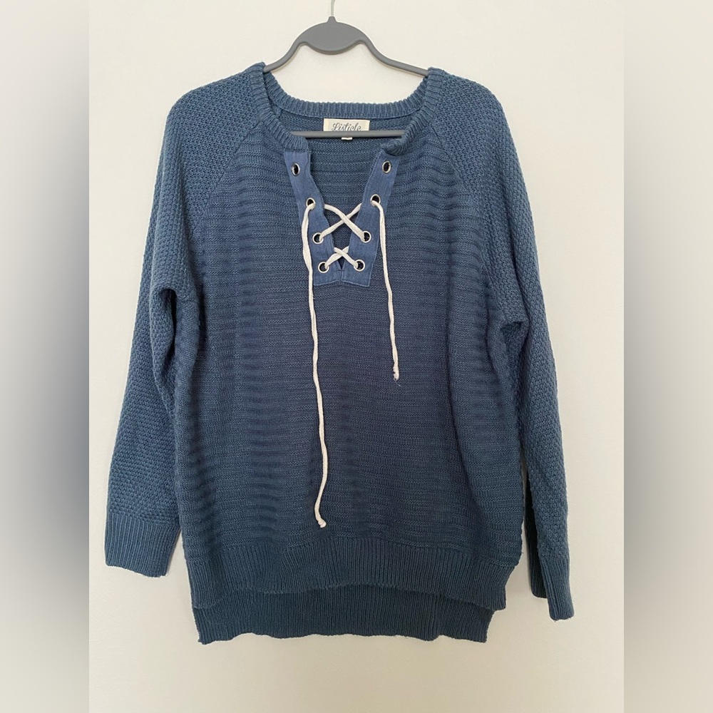 Lace Up Listicle Sweater | Navy | Mixed Stitching